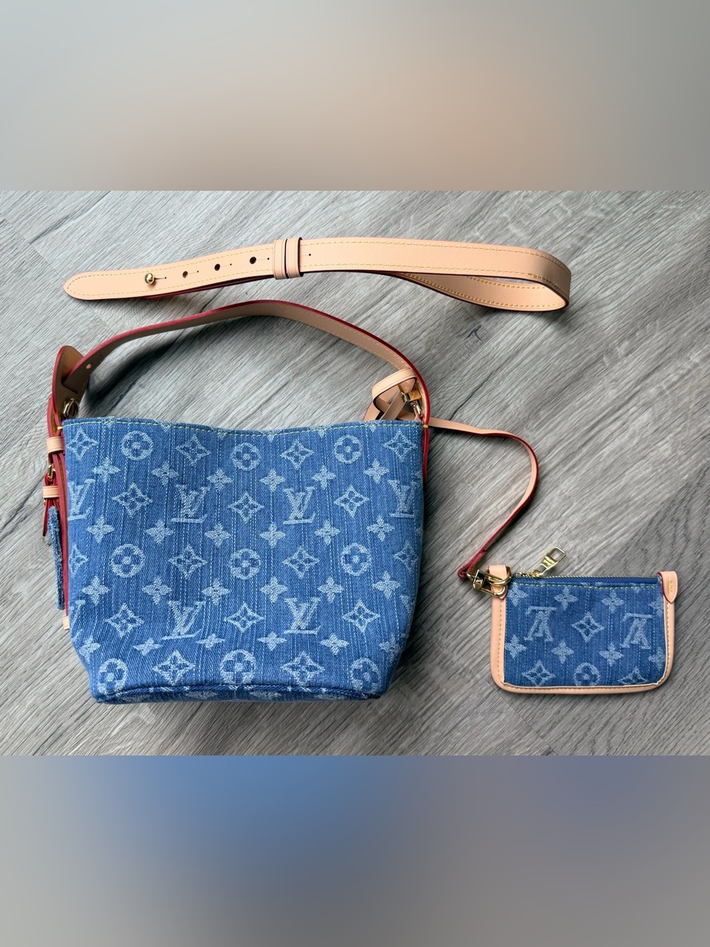 FULL SET Source Unknown Louis Vuitton Blue Denim All In One BB Bucket Bag/Pouch - Picture 3 of 16